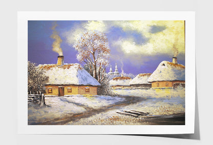 Church in Winter & Houses Landscape Oil Painting Wall Art Limited Edition High Quality Print Unframed Roll Canvas None