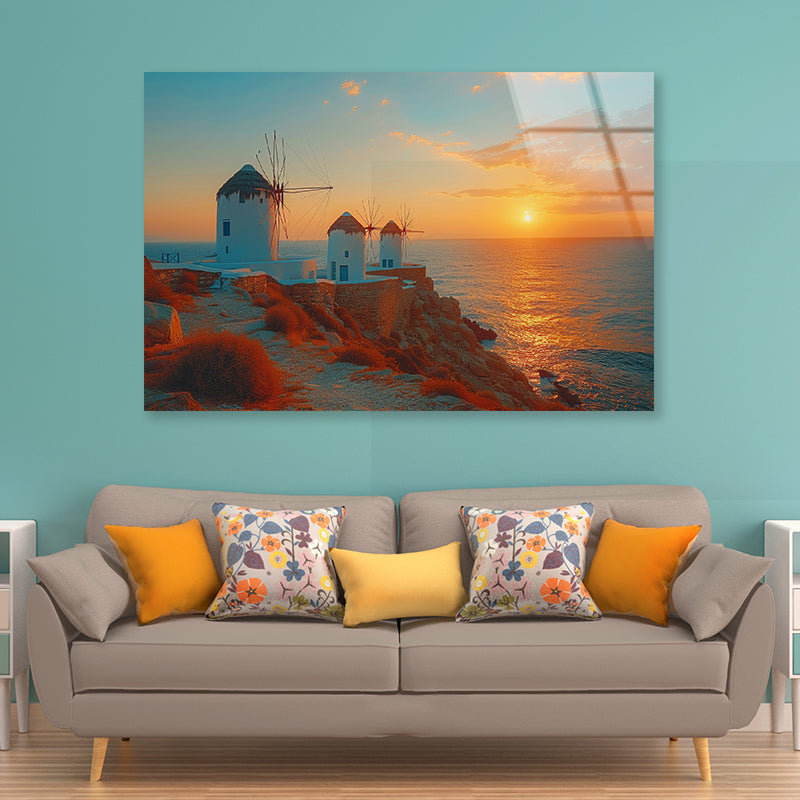 Buildings on a Rocky Shore, Sky In Greece Acrylic Glass Print Tempered Glass Wall Art 100% Made in Australia Ready to Hang