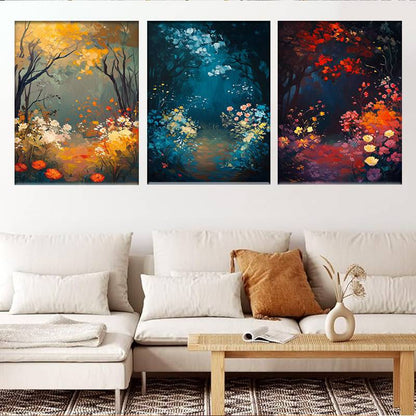 3pcs Golden to Navy Blue Triptych Forest Scene Wall Art Set Canvas Unframed - High Quality Print 100% Australian Made Wall Canvas
