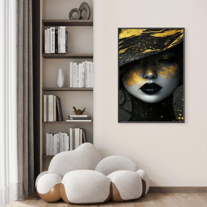 Elegant Woman with Golden Glitter Black Hat Fashion Home Decor Premium Quality Poster Print Choose Your Sizes