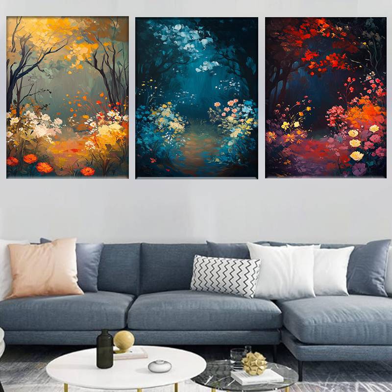 3pcs Golden to Navy Blue Triptych Forest Scene Wall Art Set Canvas Unframed - High Quality Print 100% Australian Made Wall Canvas