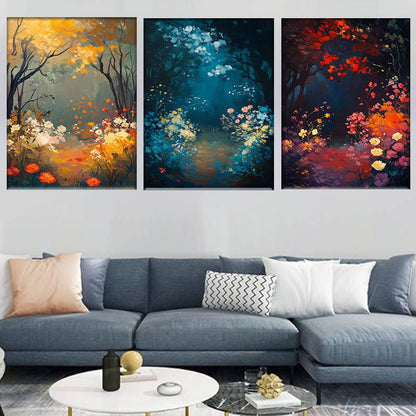 3pcs Golden to Navy Blue Triptych Forest Scene Wall Art Set Canvas Unframed - High Quality Print 100% Australian Made Wall Canvas