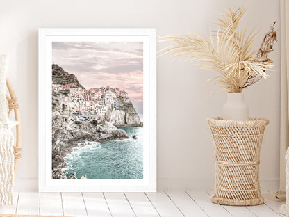 Cinque Terre Faded City & Sea Photograph Glass Framed Wall Art, Ready to Hang Quality Print With White Border White