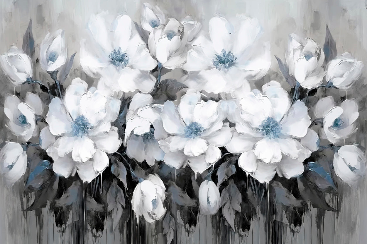 Blue Toned White Flowers Black and White Wall Art Decor 100% Australian Made