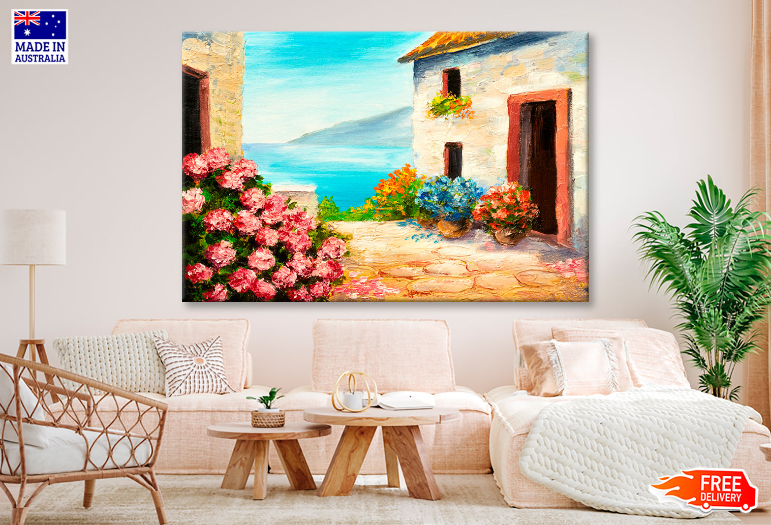 House Near The Sea, Sea Coast, Flowers Oil Painting Limited Edition High Quality Print