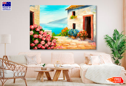 House Near The Sea, Sea Coast, Flowers Oil Painting Limited Edition High Quality Print