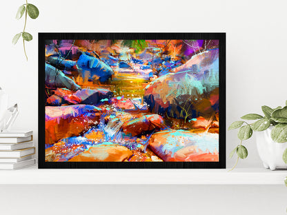 Beautiful Waterfall With Colorful Stones In Autumn Forest Glass Framed Wall Art, Ready to Hang Quality Print Without White Border Black