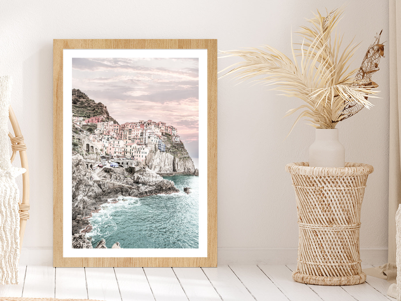 Cinque Terre Faded City & Sea Photograph Glass Framed Wall Art, Ready to Hang Quality Print With White Border Oak