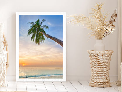 Palm Tree Leaning Over the Ocean at Sunset Photograph Glass Framed Wall Art, Ready to Hang Quality Print Without White Border White