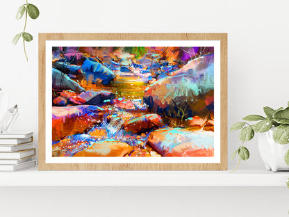 Beautiful Waterfall With Colorful Stones In Autumn Forest Glass Framed Wall Art, Ready to Hang Quality Print With White Border Oak