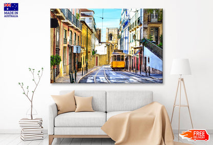 Romantic Lisbon Street with The Typical Yellow Tram and Lisbon Cathedral  Wall Art Decor 100% Australian Made