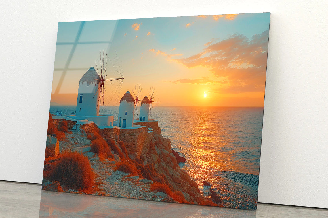 Buildings on a Rocky Shore, Sky In Greece Acrylic Glass Print Tempered Glass Wall Art 100% Made in Australia Ready to Hang