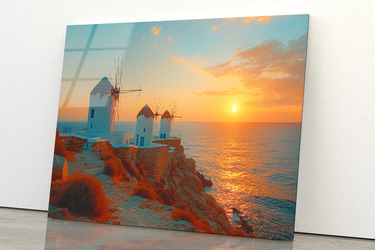 Buildings on a Rocky Shore, Sky In Greece Acrylic Glass Print Tempered Glass Wall Art 100% Made in Australia Ready to Hang