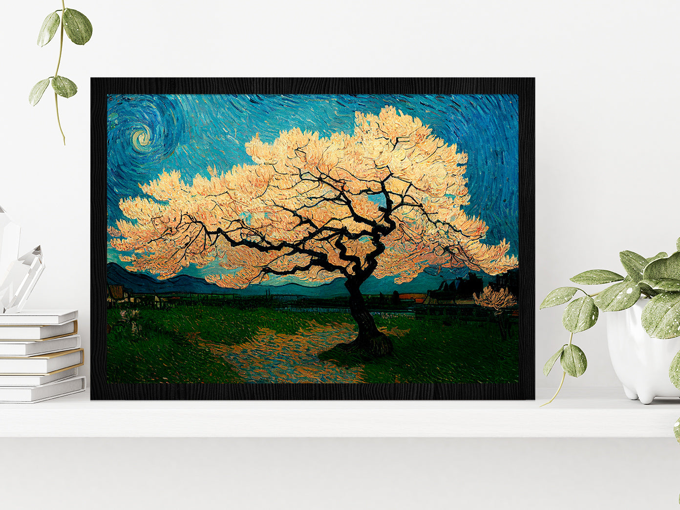 Japanese Cherry Tree In Green Meadow Glass Framed Wall Art, Ready to Hang Quality Print Without White Border Black