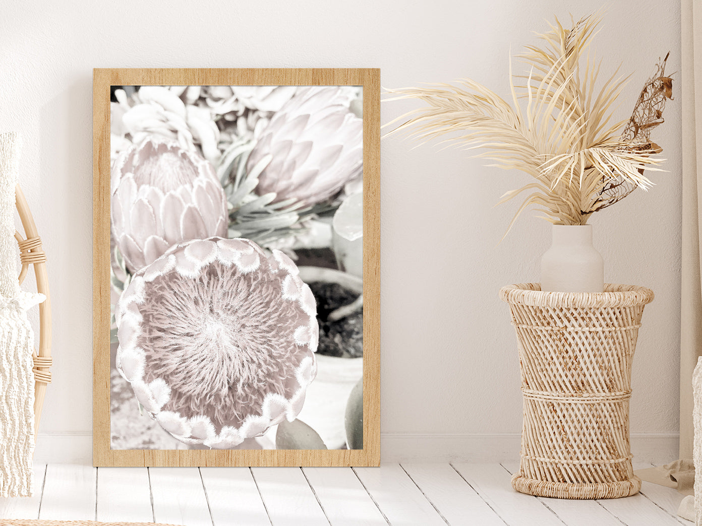 Protea Flowers Closeup Faded Photograph Glass Framed Wall Art, Ready to Hang Quality Print Without White Border Oak