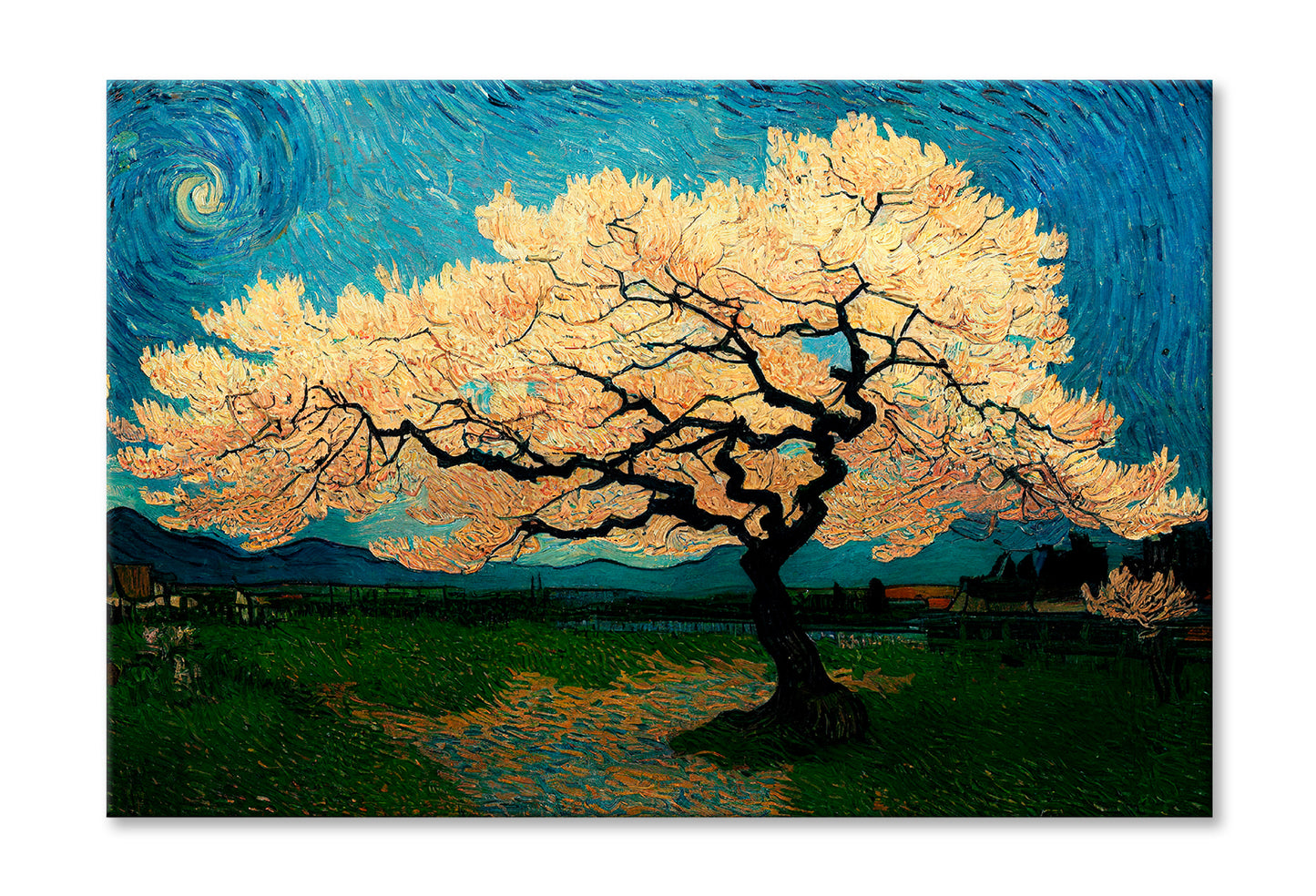 Japanese Cherry Tree In Green Meadow Oil Painting Limited Edition High Quality Print Stretched Canvas None