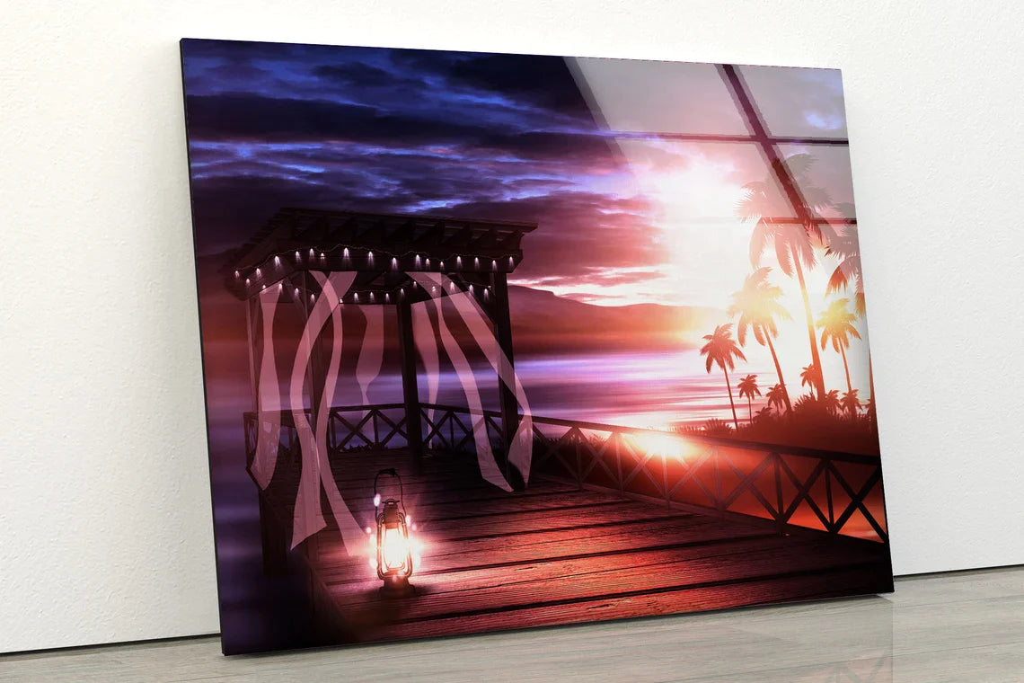 Wooden Pier, Palm Trees UV Direct Aluminum Print Australian Made Quality