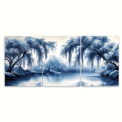 3pcs Blue Misty Lake with Willow Trees Metal Print Ready to Hang Art
