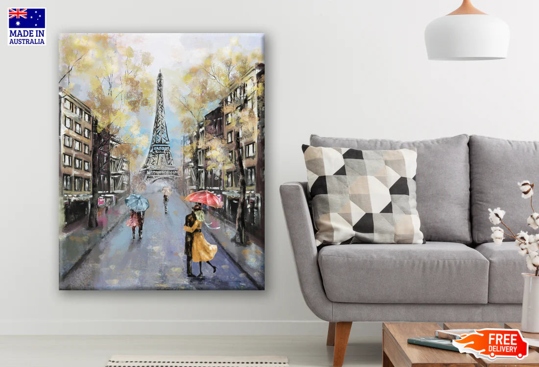 Romantic Paris Eiffel Tower & Couple Walking Painting 60x90cm Print 100% Australian Made