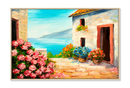 House Near The Sea, Sea Coast, Flowers Oil Painting Limited Edition High Quality Print Canvas Box Framed Natural