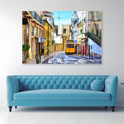 Romantic Lisbon Street with The Typical Yellow Tram and Lisbon Cathedral  Acrylic Glass Print Tempered Glass Wall Art 100% Made in Australia Ready to Hang