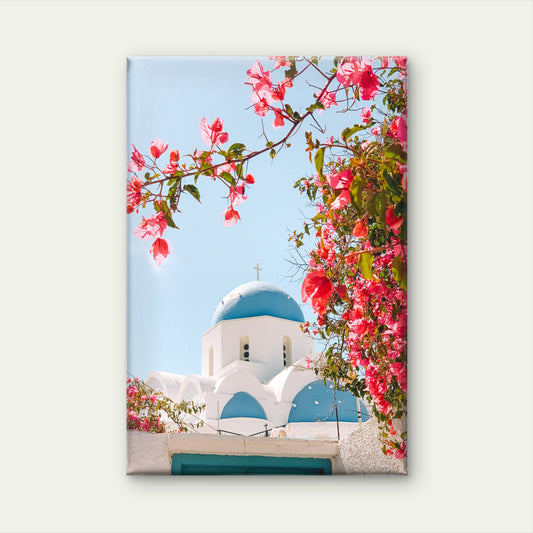 White Stone Church Blue Dome Bougainvillea Greek Sky Wall Art Decor 100% Australian Made