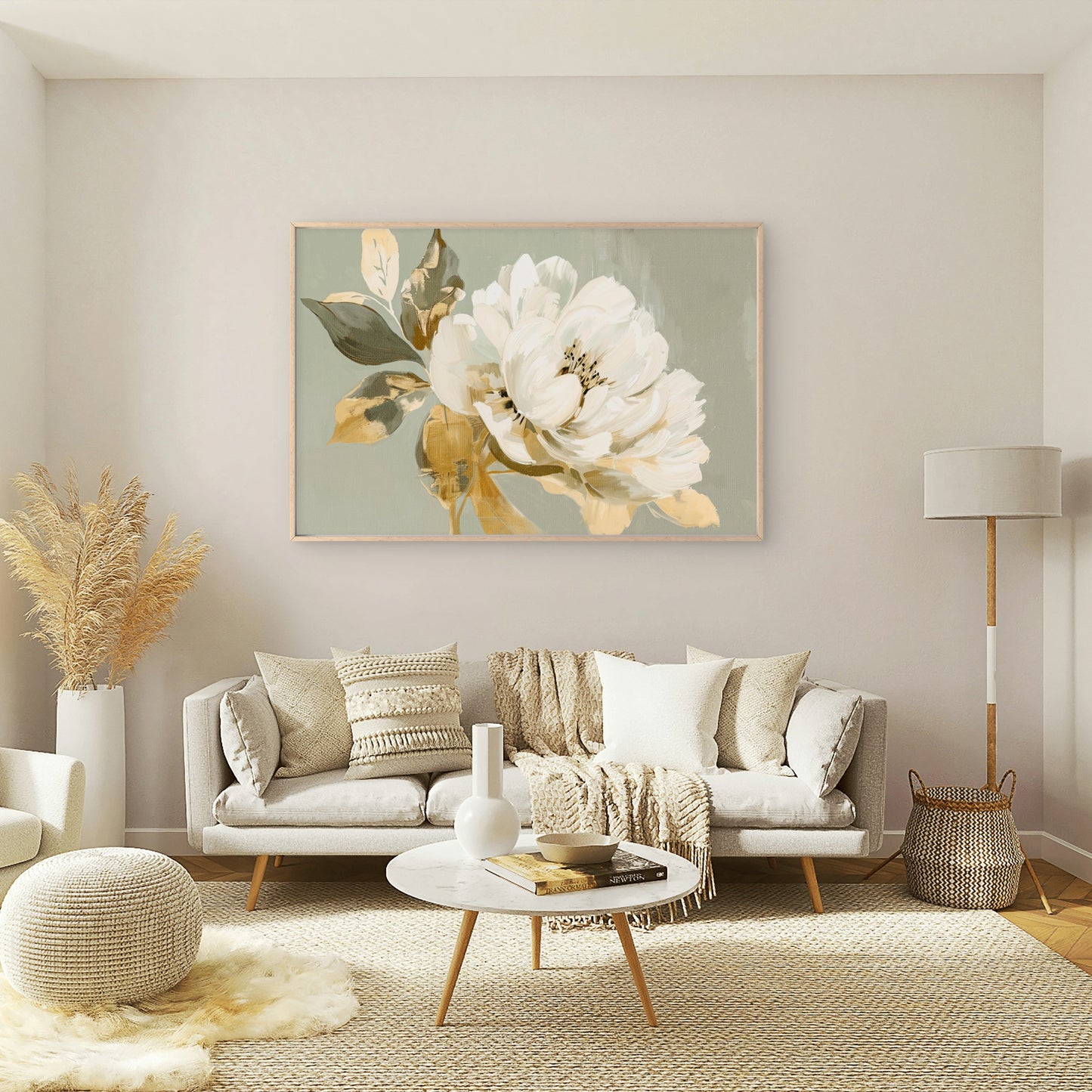 Soft Sage Green White Peony with Textured Petals Painting Wall Art Decor 100% Australian Made