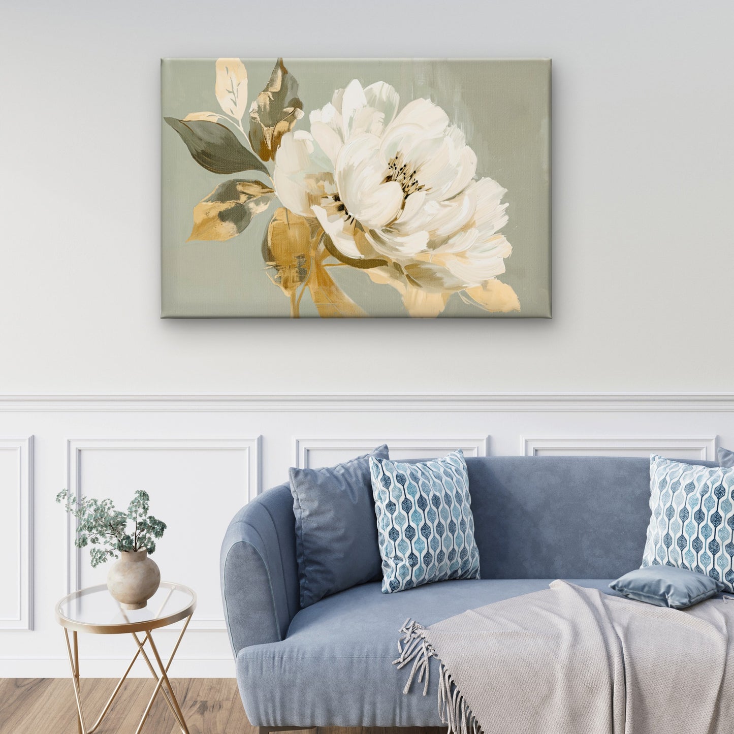 Soft Sage Green White Peony with Textured Petals Painting Wall Art Decor 100% Australian Made
