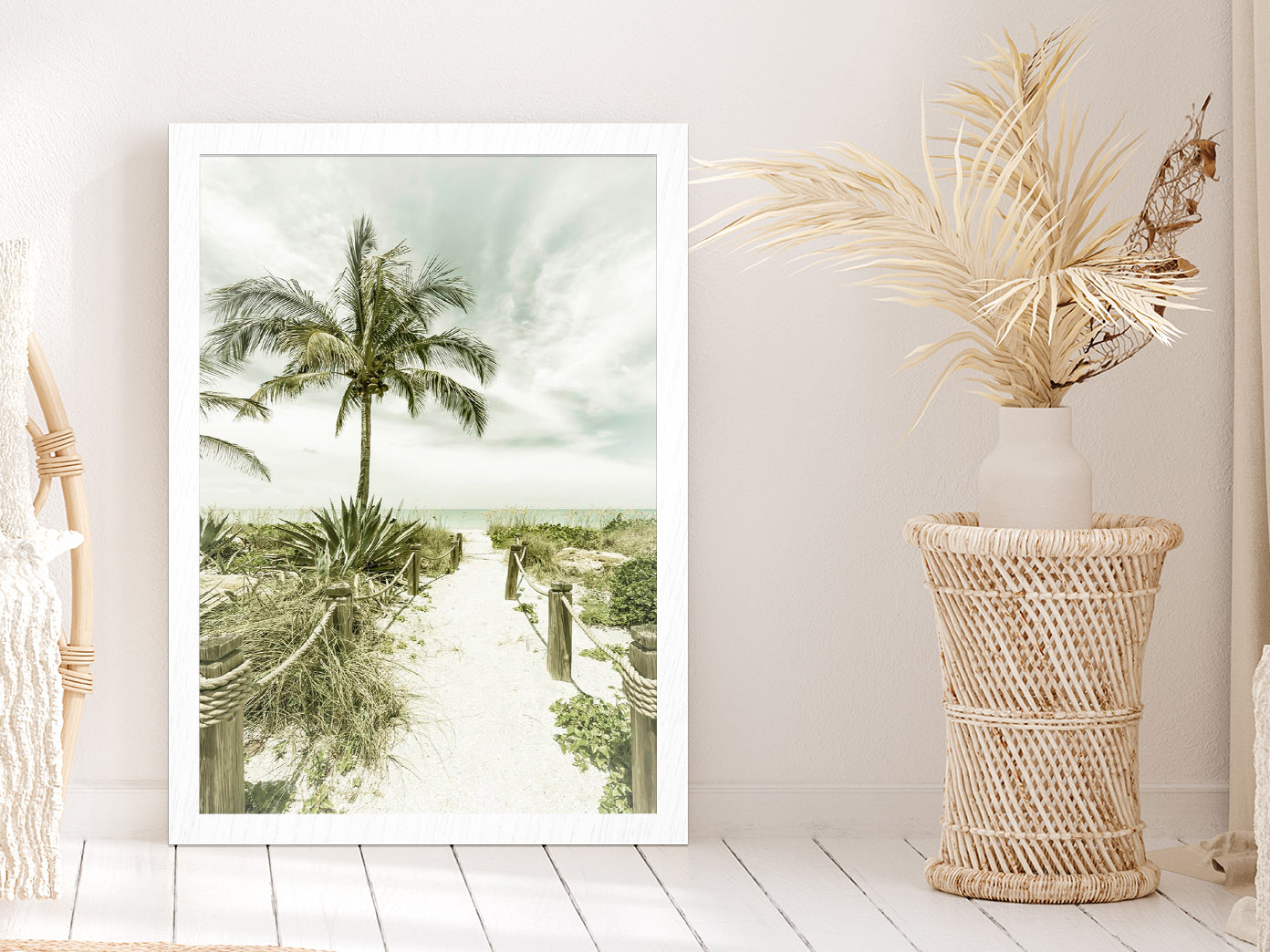 Palm Tree & Sea Path View Photograph Glass Framed Wall Art, Ready to Hang Quality Print Without White Border White