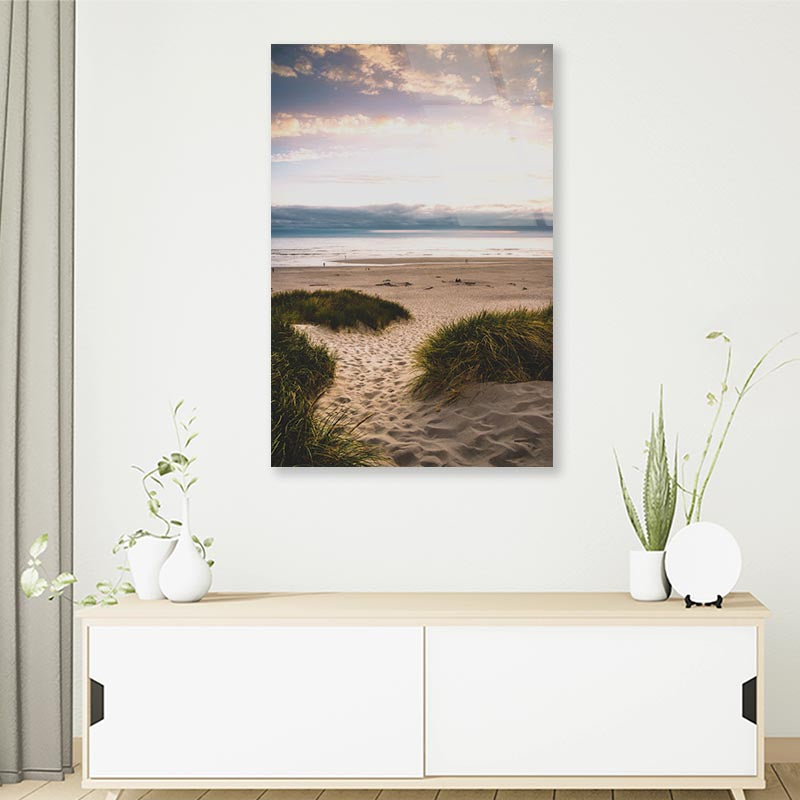 Sandy Trail Leads to The Beach Under Sunset on The Oregon Coas Portrait Photograph Acrylic Glass Print Tempered Glass Wall Art 100% Made in Australia Ready to Hang