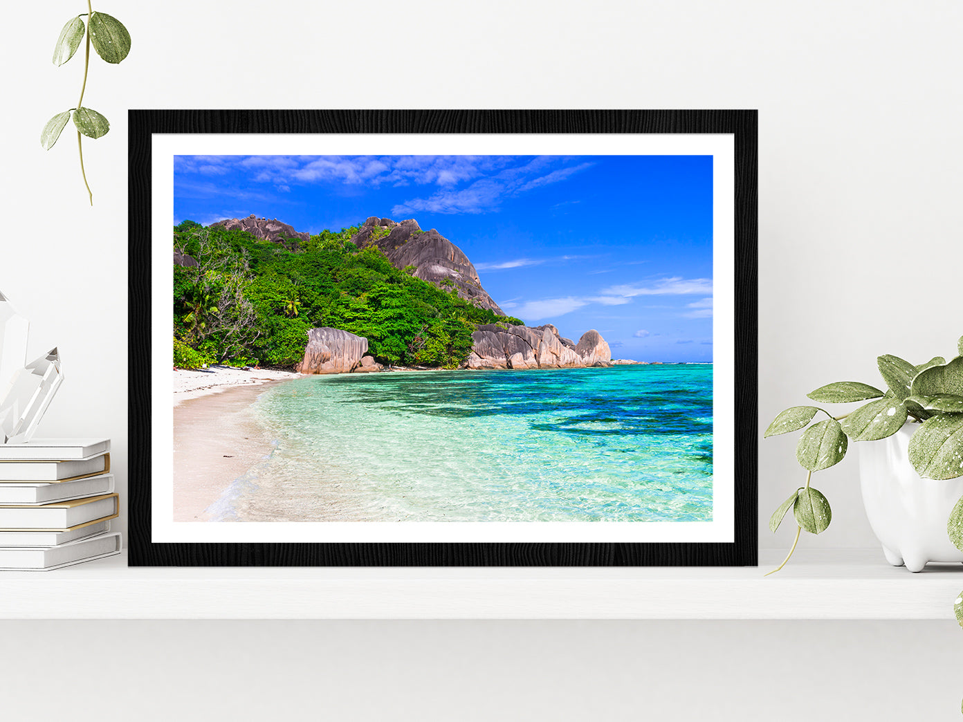 Tropical Beach & Seychelles Glass Framed Wall Art, Ready to Hang Quality Print With White Border Black