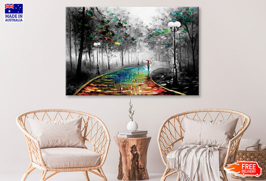 Girl Walking on Colorful Road B&W Forest Painting Wall Art Limited Edition High Quality Print