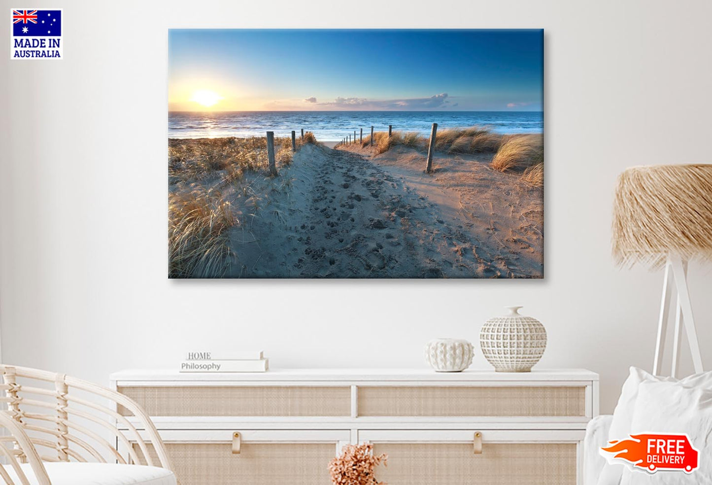 Path On Sand to Ocean Beach at Sunset, Netherlands Wall Art Decor 100% Australian Made