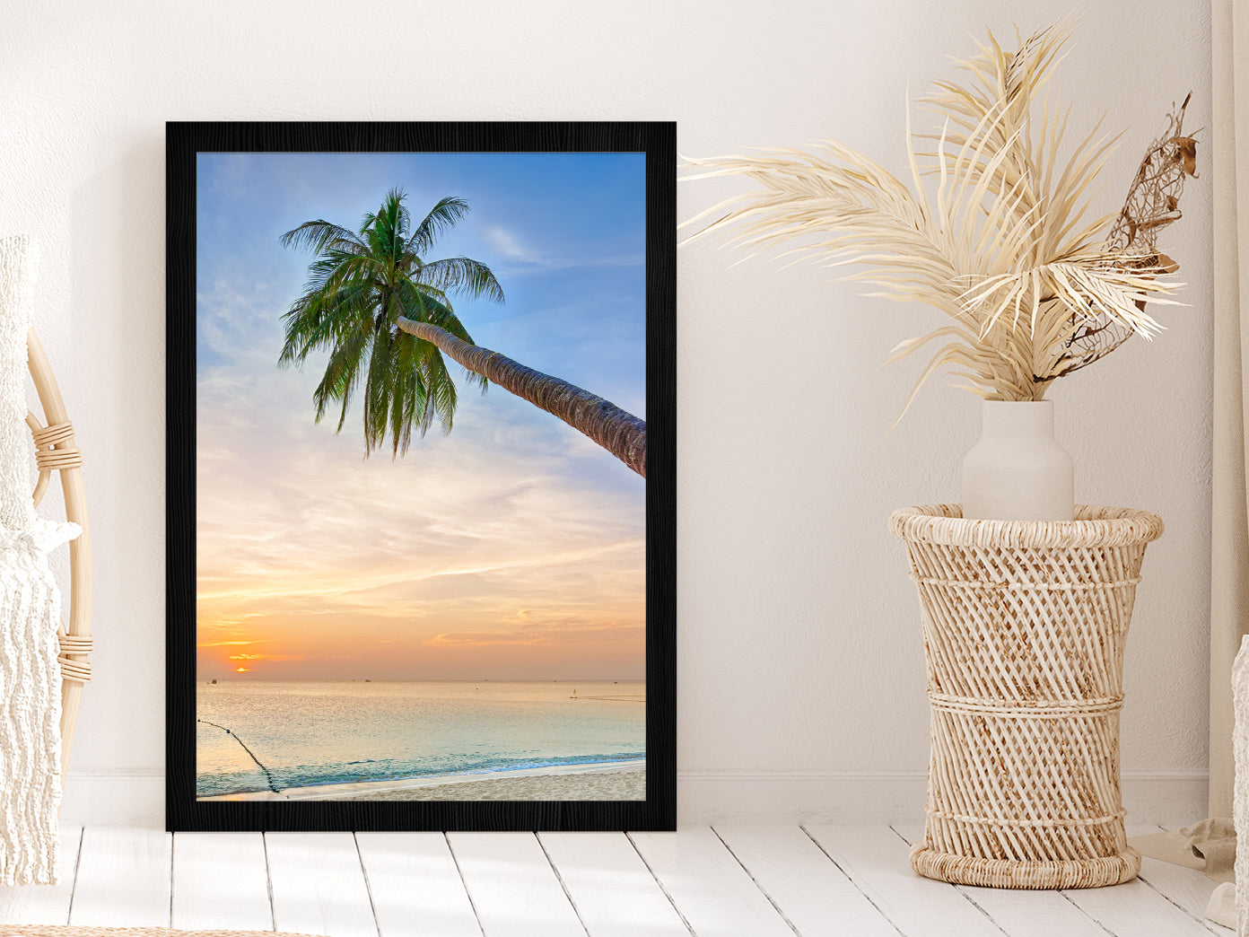 Palm Tree Leaning Over the Ocean at Sunset Photograph Glass Framed Wall Art, Ready to Hang Quality Print Without White Border Black