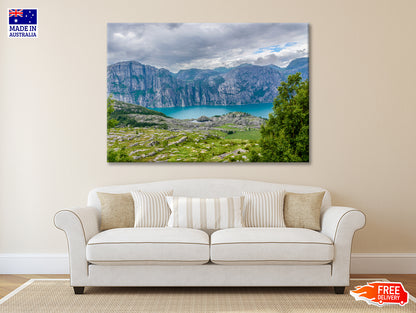 A Lake Surrounded By Mountains with Clouds Print 100% Australian Made