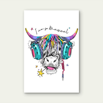 Magical Cow Pink Headphones Graphic 60x90cm Metal Print Ready to Hang