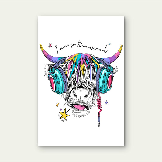 Magical Cow Pink Headphones Graphic 60x90cm Metal Print Ready to Hang