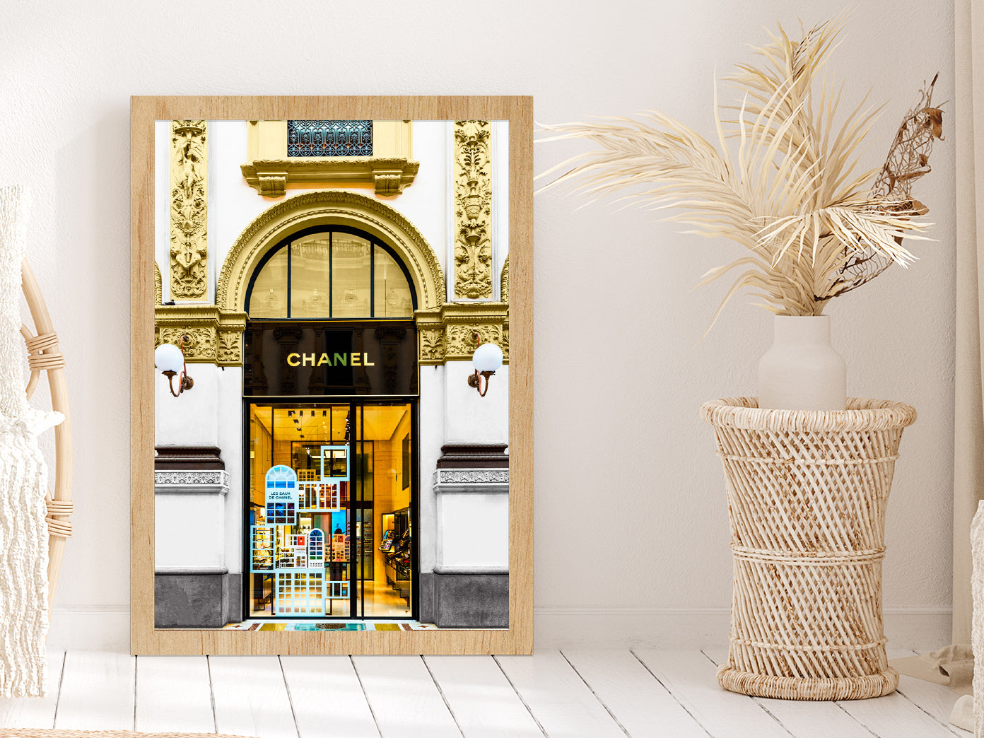 Gold Fashion Store Front View Photograph Glass Framed Wall Art, Ready to Hang Quality Print Without White Border Oak