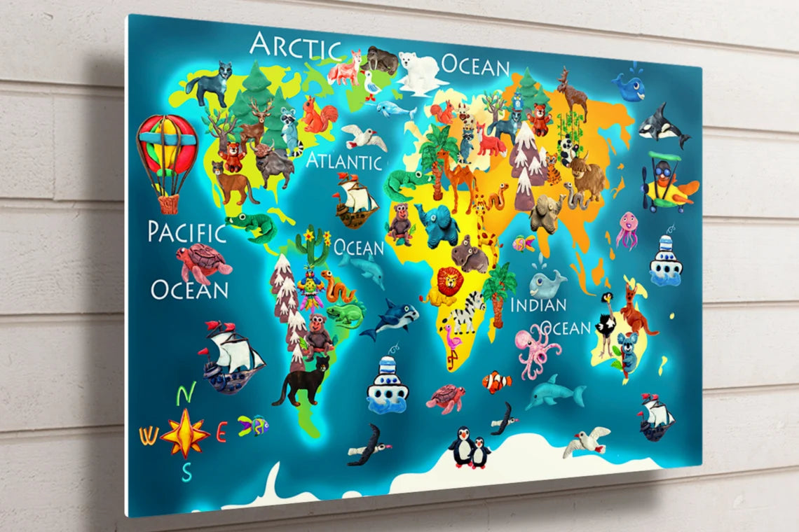 World Map For Kids UV Direct Aluminum Print Australian Made Quality