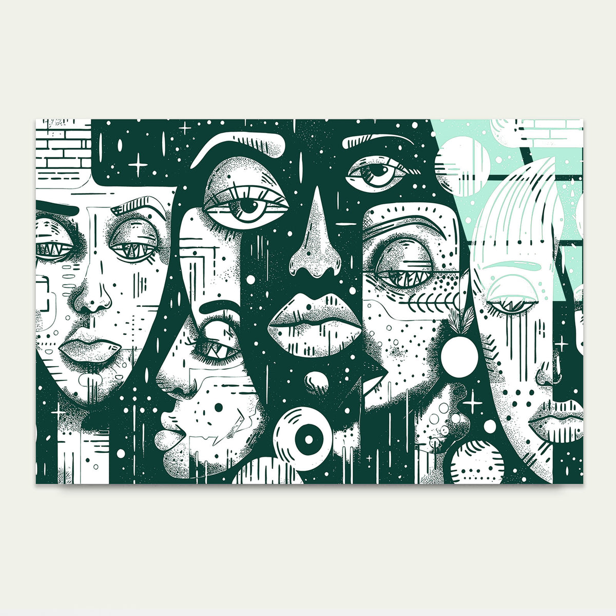 Abstract Cubist Faces Teal Gree Glass Printing Wall Art Australian Made Quality