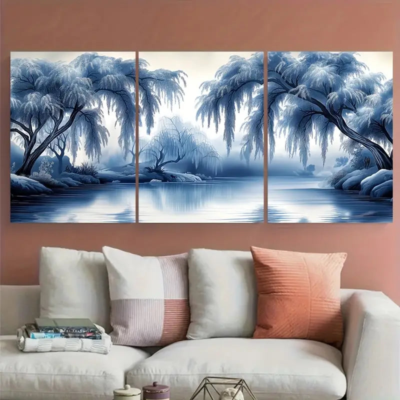 3pcs Blue Misty Lake with Willow Trees Metal Print Ready to Hang Art