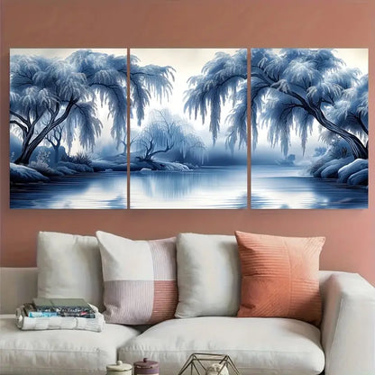 3pcs Blue Misty Lake with Willow Trees Metal Print Ready to Hang Art