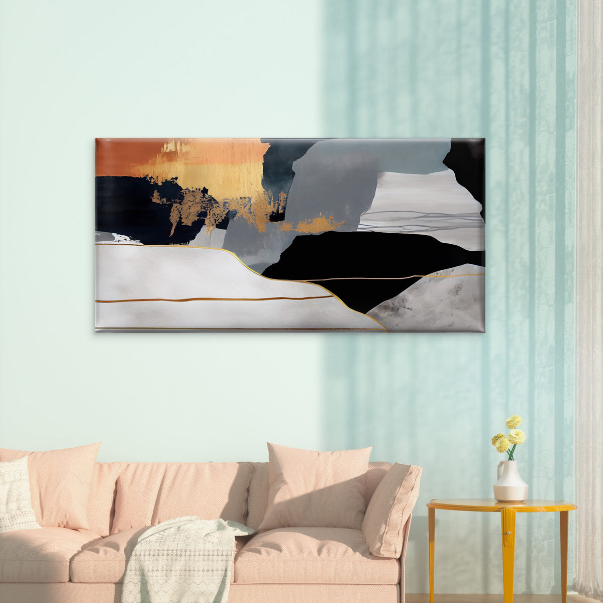 Modern Gold Black Abstract Wall Art Canvas Office Home Room Framed 120x60cm
