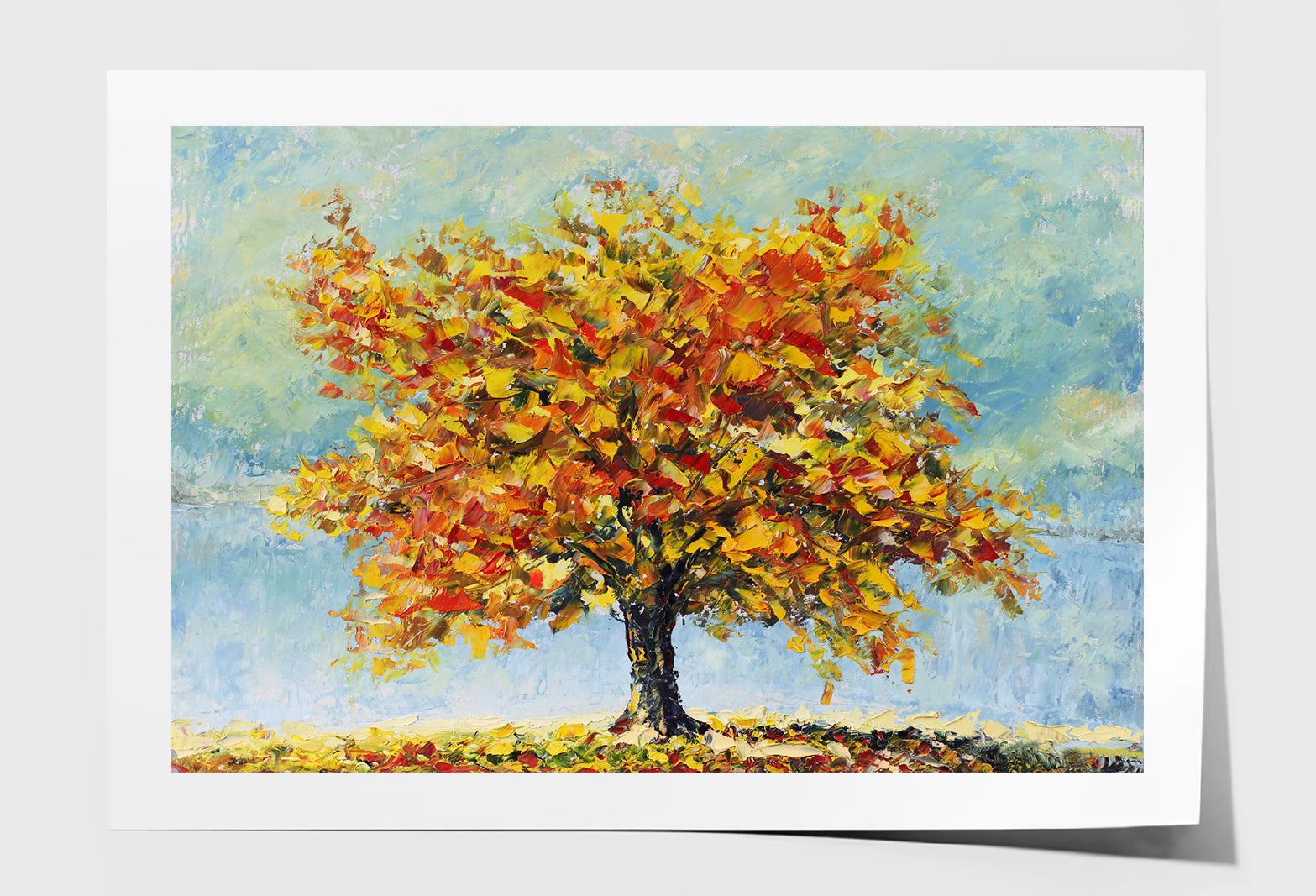 Lonely Autumn Tree with Fallen Leaves Oil Painting Wall Art Limited Edition High Quality Print Unframed Roll Canvas None