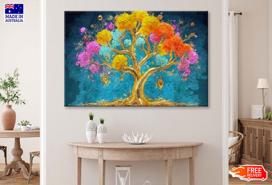 Painting of Golden Tree with a Colorful Flowers Wall Art Limited Edition High Quality Print