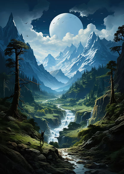 Moonlight Valley River Stream 40x60cm Metal Print Ready to Hang