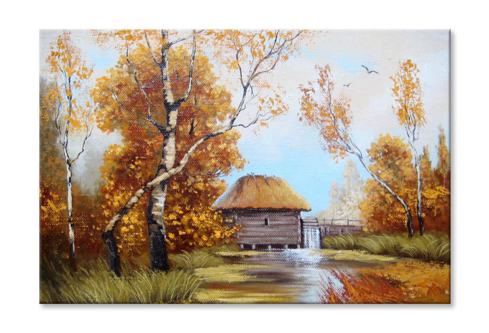 House near Lake & Autumn Trees Oil Painting Wall Art Limited Edition High Quality Print Stretched Canvas None