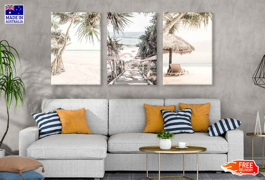 3 Set of Beach with Trees View High Quality Print 100% Australian Made Wall Canvas Ready to Hang