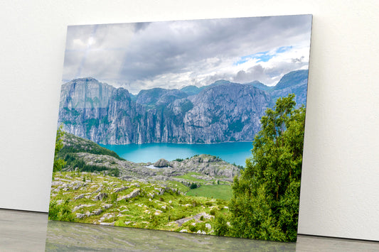 A Lake Surrounded By Mountains with Clouds Acrylic Glass Print Tempered Glass Wall Art 100% Made in Australia Ready to Hang