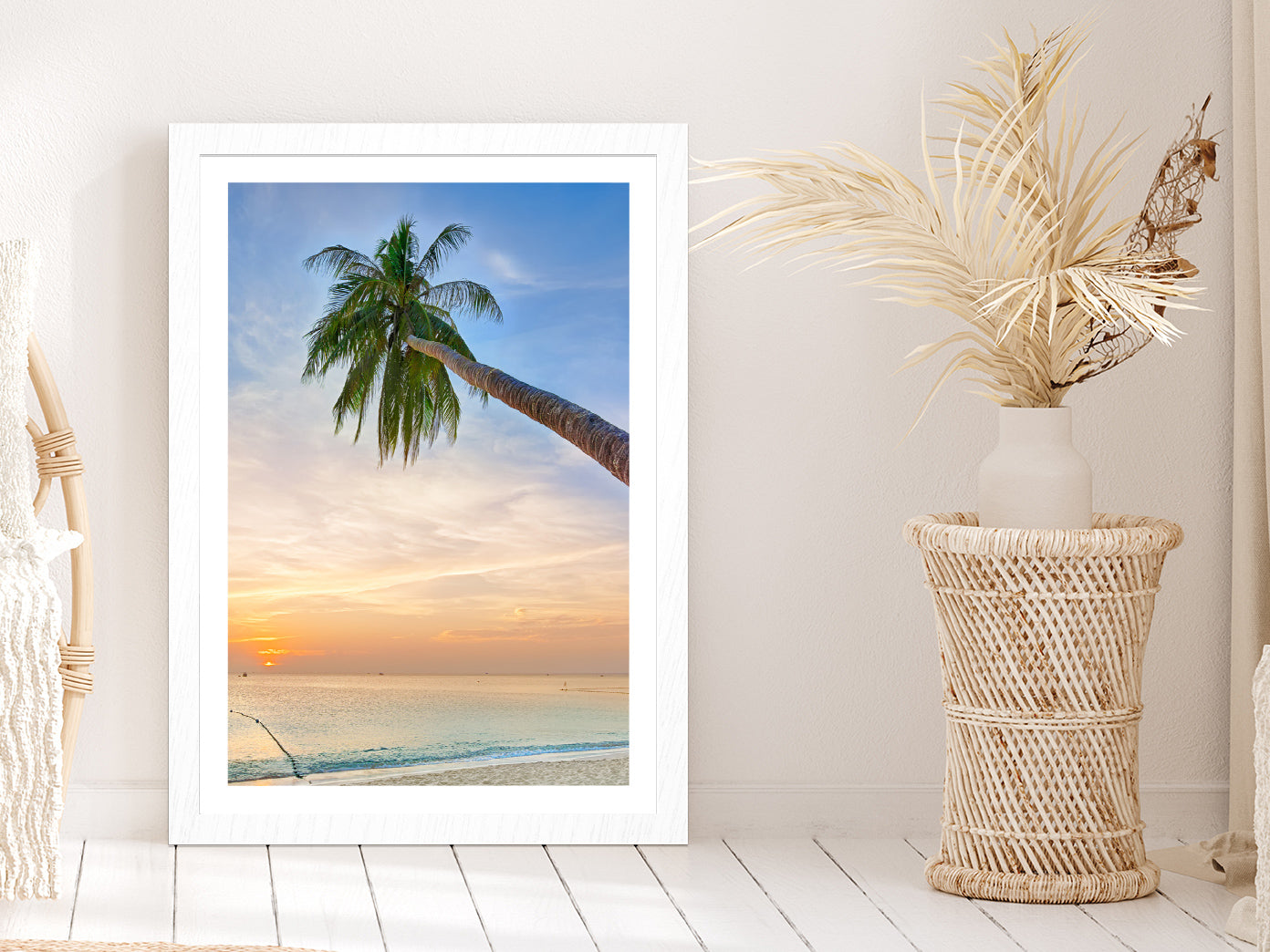 Palm Tree Leaning Over the Ocean at Sunset Photograph Glass Framed Wall Art, Ready to Hang Quality Print With White Border White